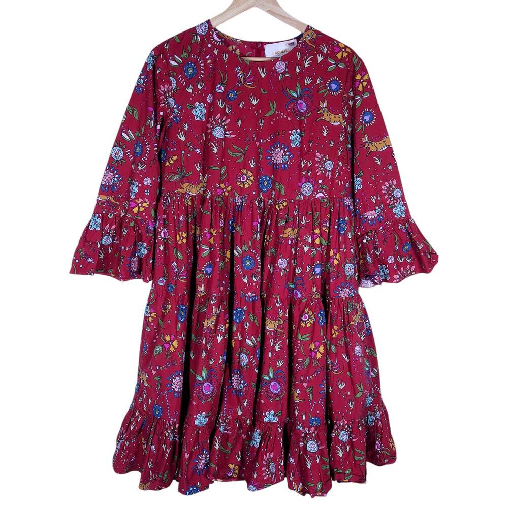 La DoubleJ Womens Bambi Dress Red Floral Print 40 Midi Long Sleeve Boho Chic Fit